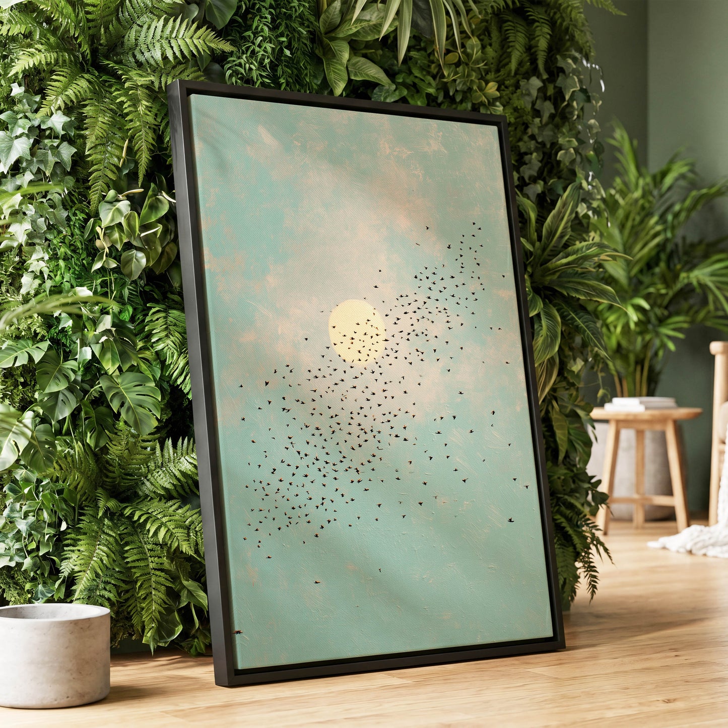Flight Across the Sun, blue, beige, black nature wall art displayed in a styled interior, gallery view 4