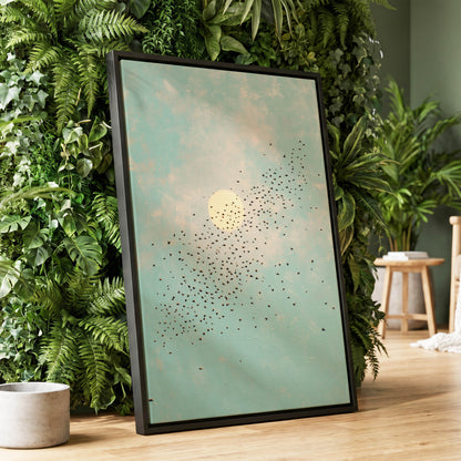Flight Across the Sun, blue, beige, black nature wall art displayed in a styled interior, gallery view 4