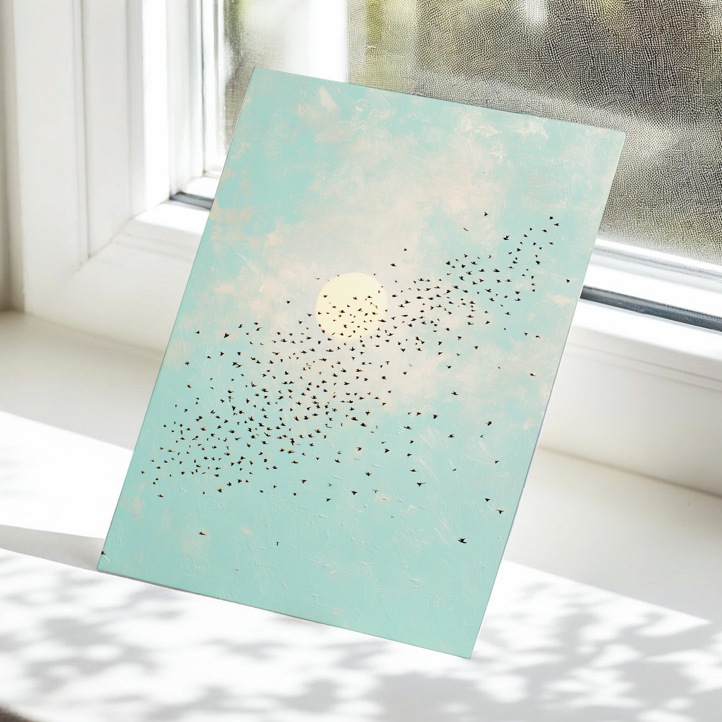 Flight Across the Sun, blue, beige, black nature wall art displayed in a styled interior, gallery view 5