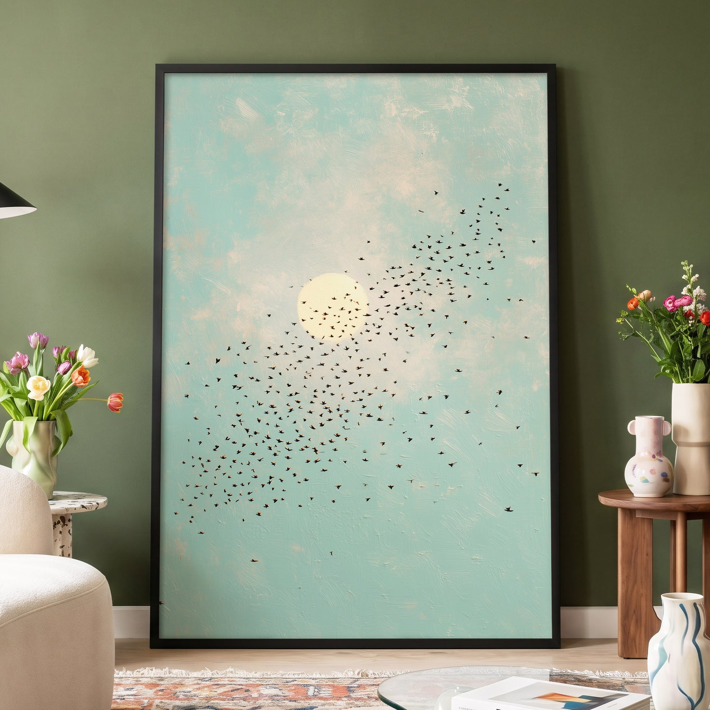 Flight Across the Sun, blue, beige, black nature wall art displayed in a styled interior, gallery view 6