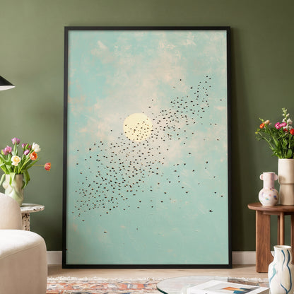 Flight Across the Sun, blue, beige, black nature wall art displayed in a styled interior, gallery view 6