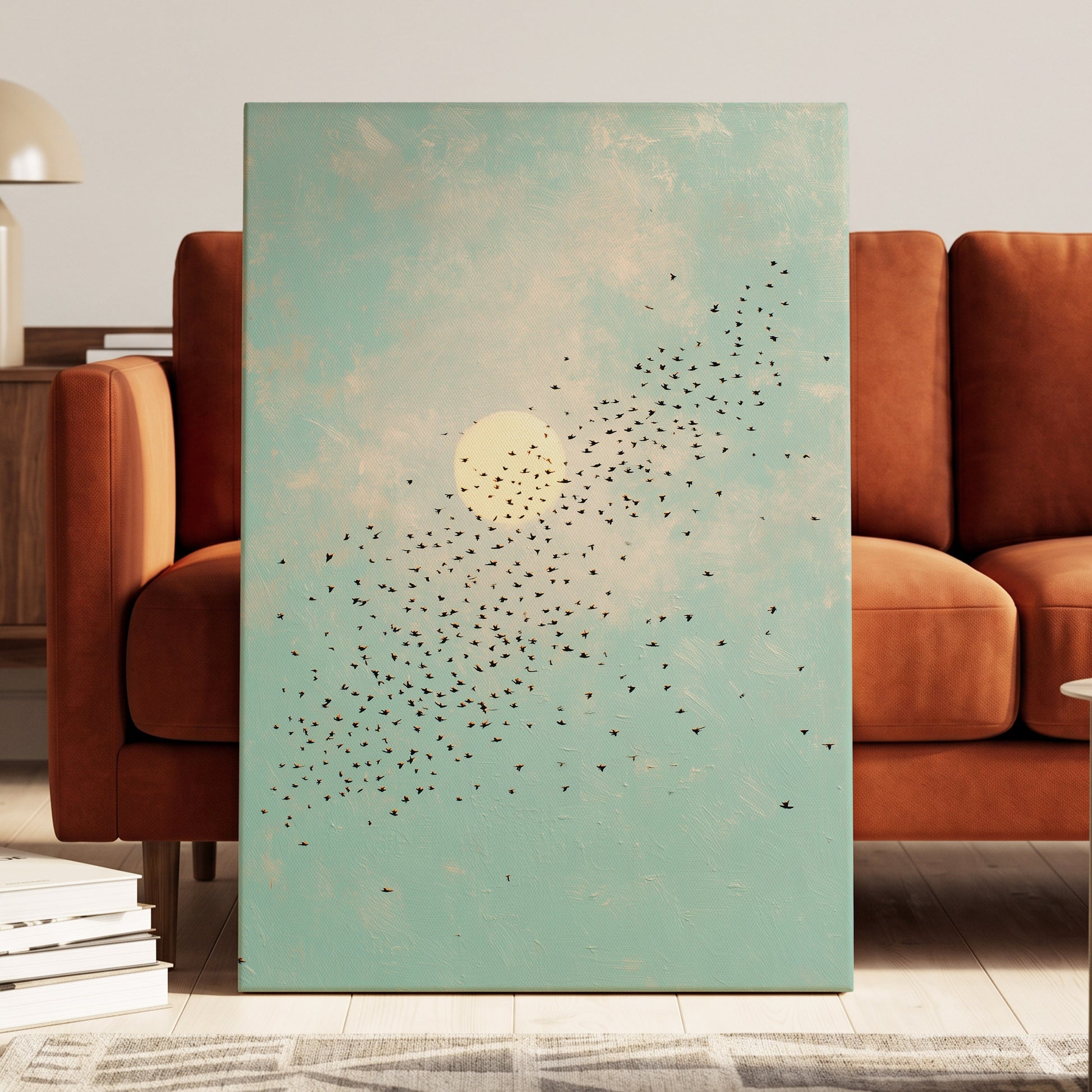 Flight Across the Sun, blue, beige, black nature wall art displayed in a styled interior, gallery view 7