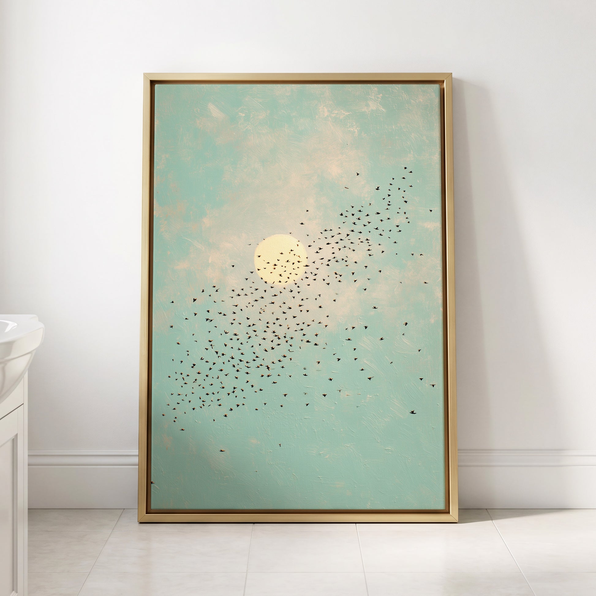 Flight Across the Sun, blue, beige, black nature wall art displayed in a styled interior, gallery view 8