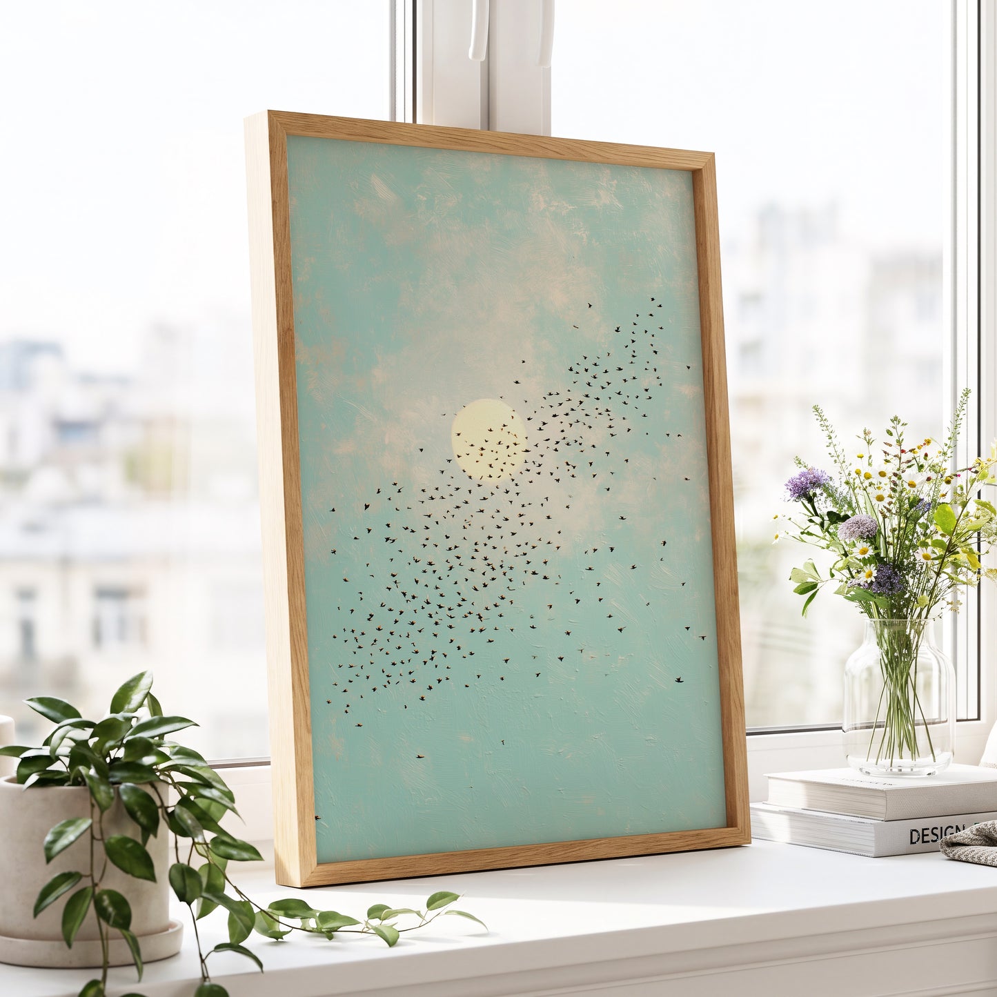 Flight Across the Sun, blue, beige, black nature wall art displayed in a styled interior, gallery view 9