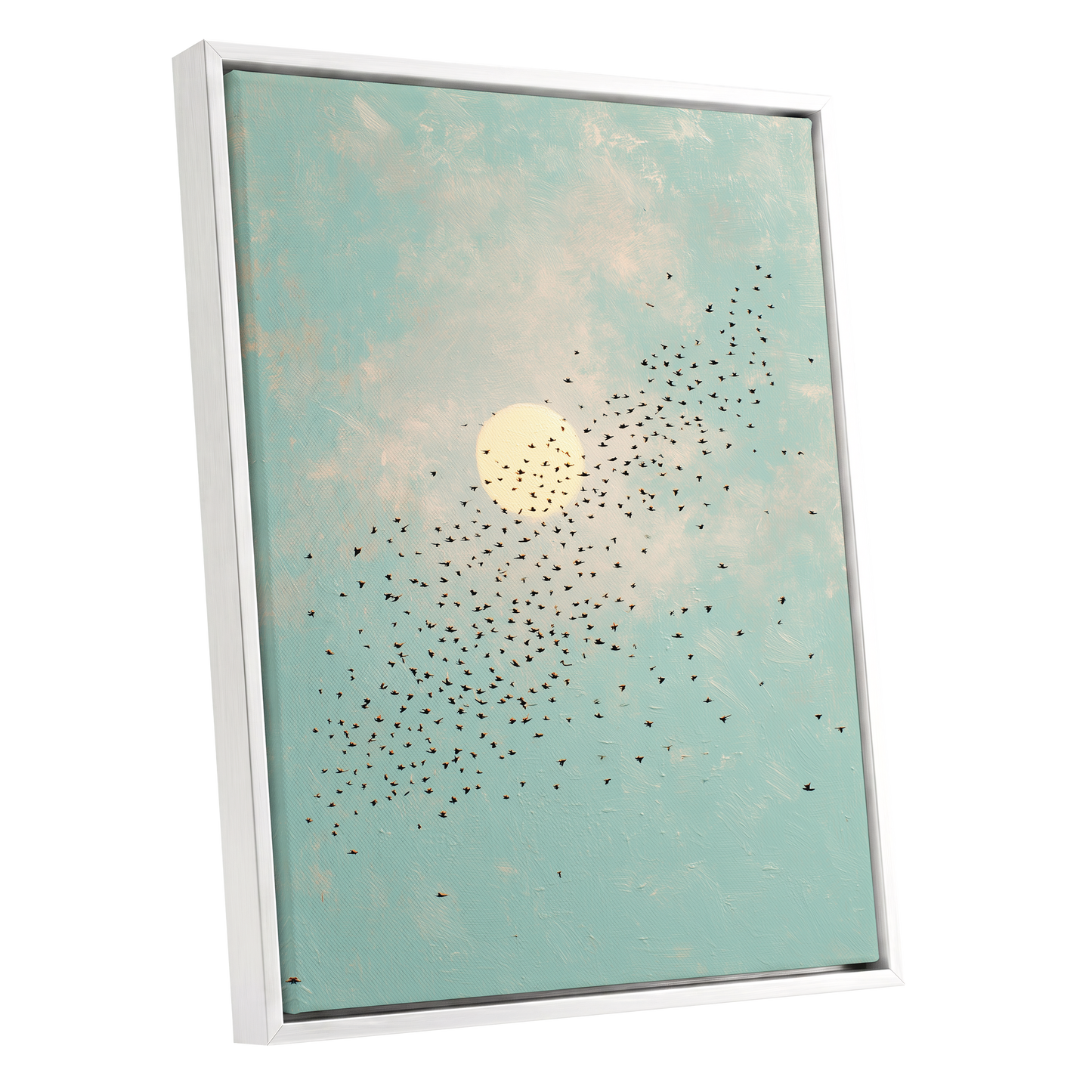 Flight Across the Sun, blue, beige, black nature wall art shown as a white framed canvas wall art