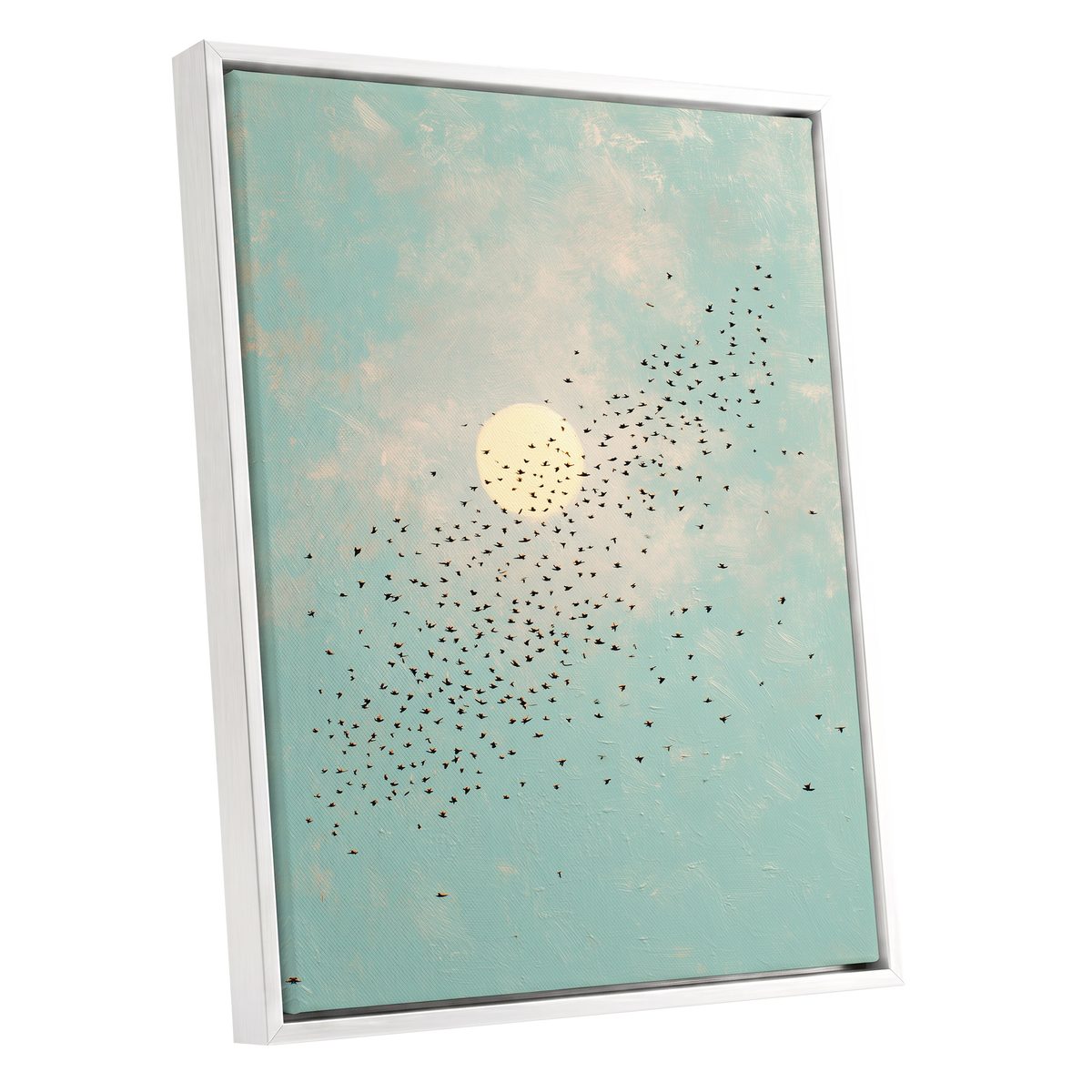 Flight Across the Sun, blue, beige, black nature wall art shown as a white framed canvas wall art