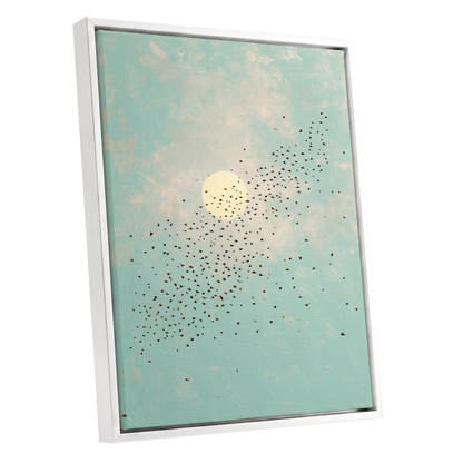 Flight Across the Sun, blue, beige, black nature wall art shown as a white framed canvas wall art