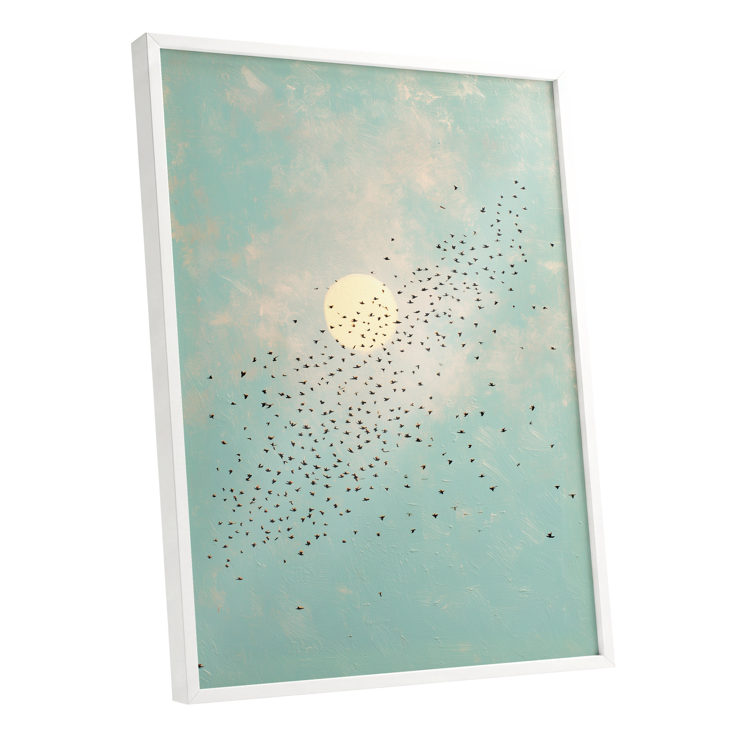 Flight Across the Sun, blue, beige, black nature wall art shown as a white framed poster wall art print