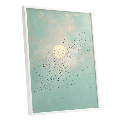 Flight Across the Sun, blue, beige, black nature wall art shown as a white framed poster wall art print