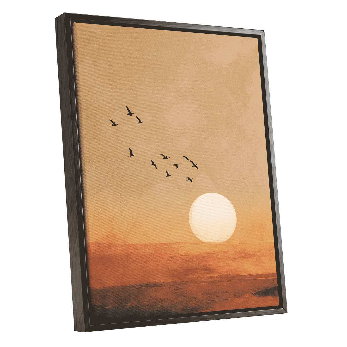 Flight at Amber Dusk, beige, orange, brown nature wall art shown as a black framed canvas wall art