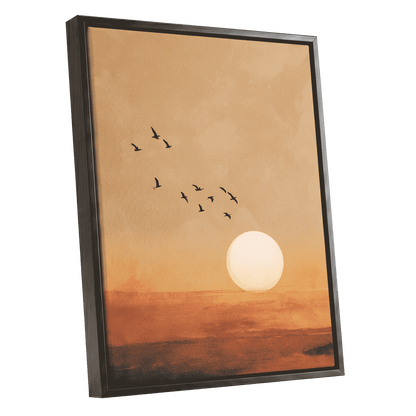 Flight at Amber Dusk, beige, orange, brown nature wall art shown as a black framed canvas wall art