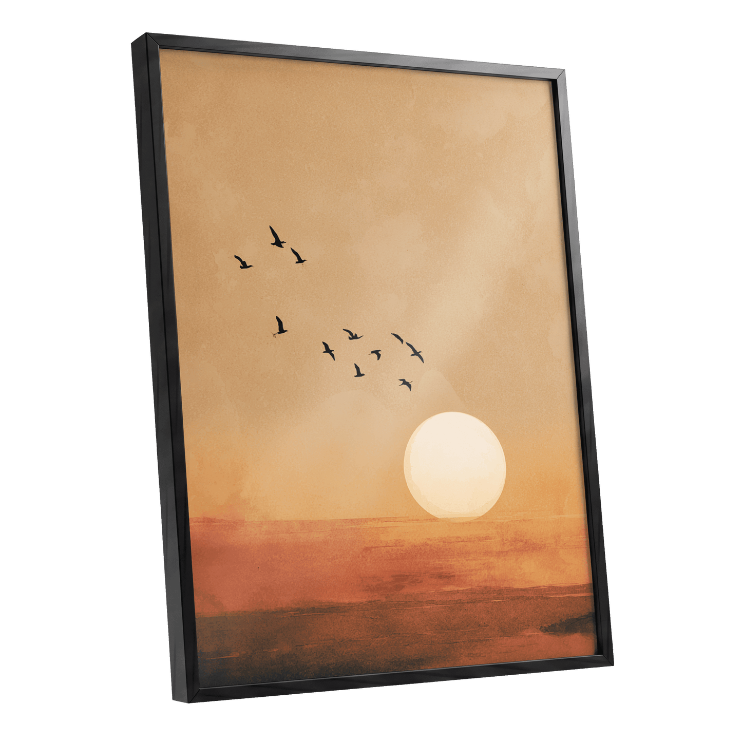 Flight at Amber Dusk, beige, orange, brown nature wall art shown as a black framed poster wall art print