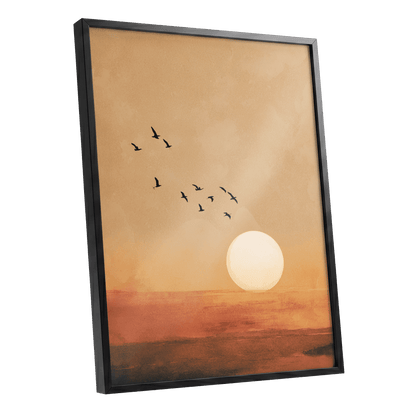 Flight at Amber Dusk, beige, orange, brown nature wall art shown as a black framed poster wall art print