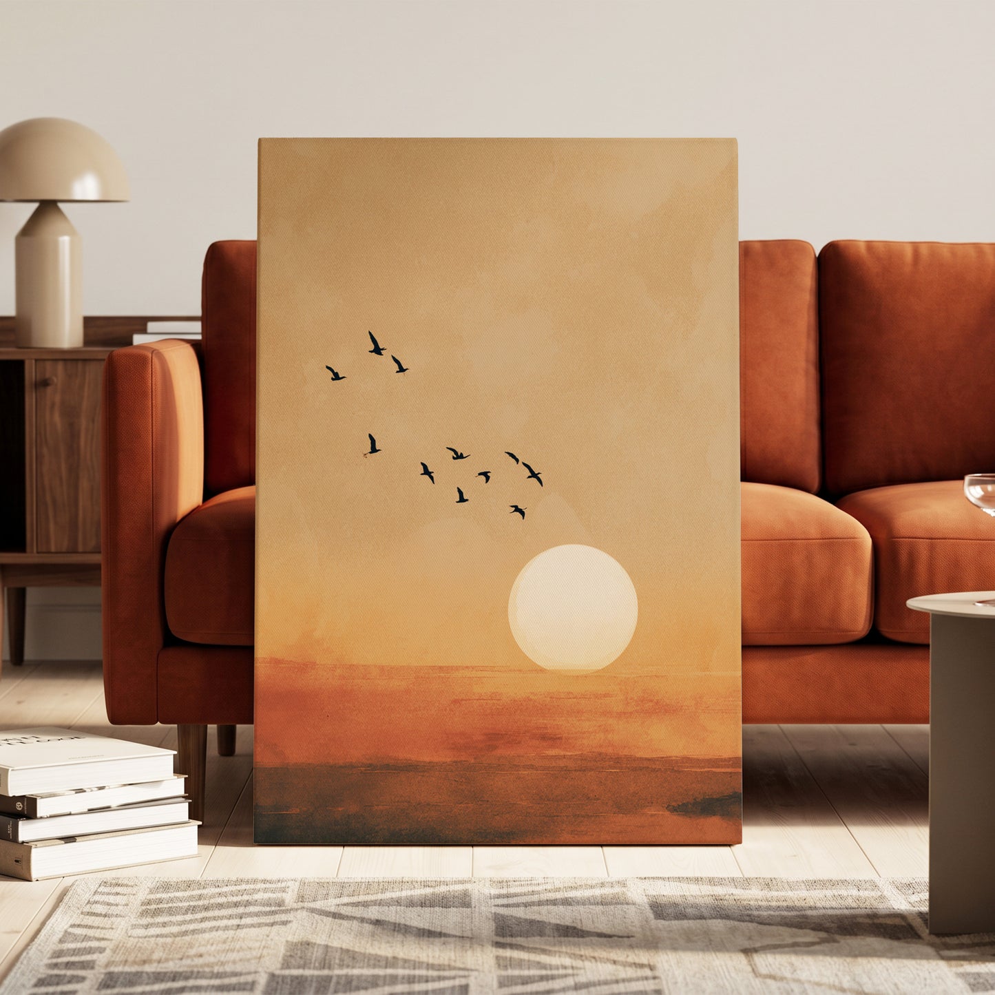 Flight at Amber Dusk, beige, orange, brown nature wall art on canvas displayed in a styled interior, gallery view 1