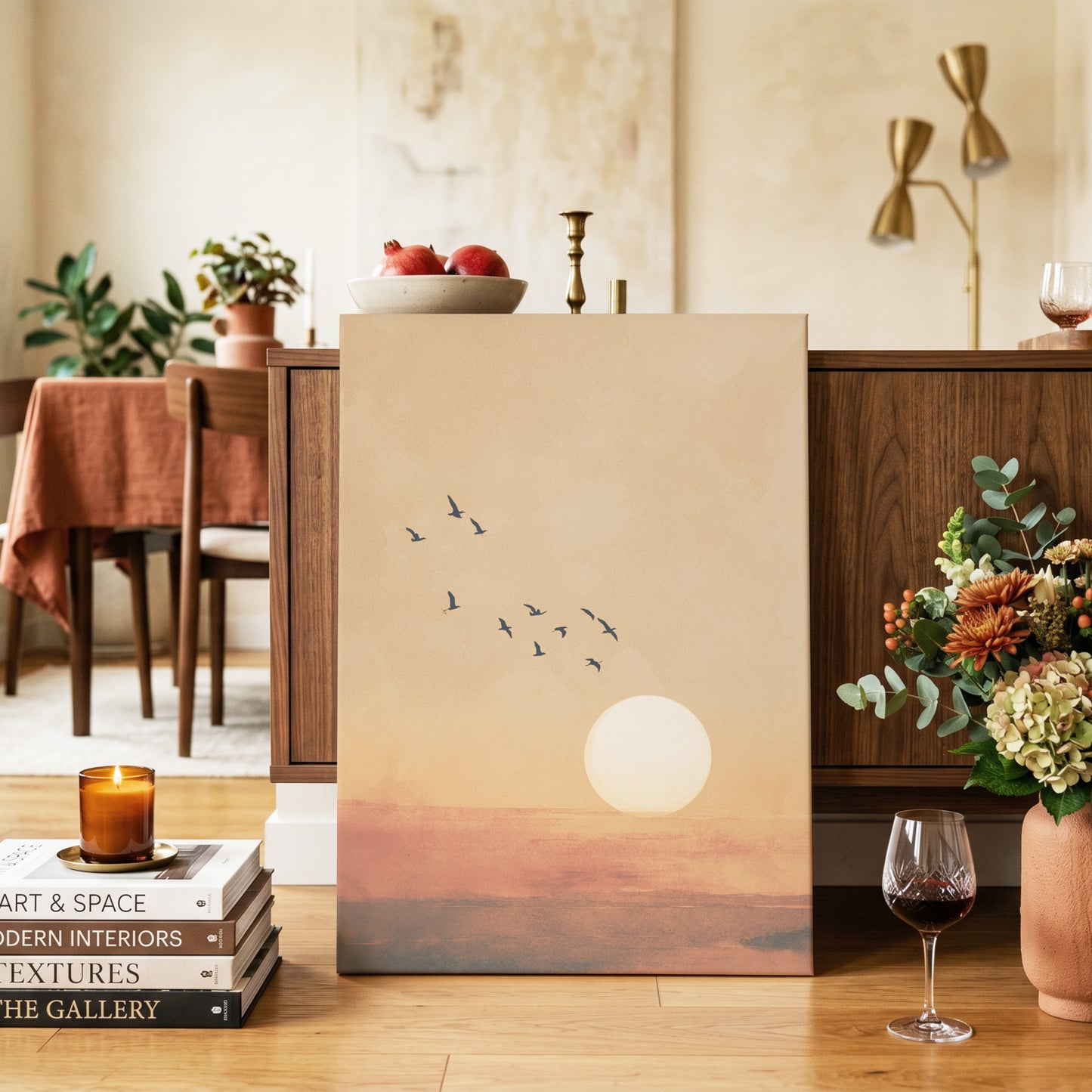 Flight at Amber Dusk, beige, orange, brown nature wall art on canvas displayed in a styled interior, gallery view 2