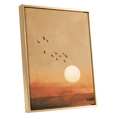 Flight at Amber Dusk, beige, orange, brown nature wall art shown as a gold framed canvas wall art