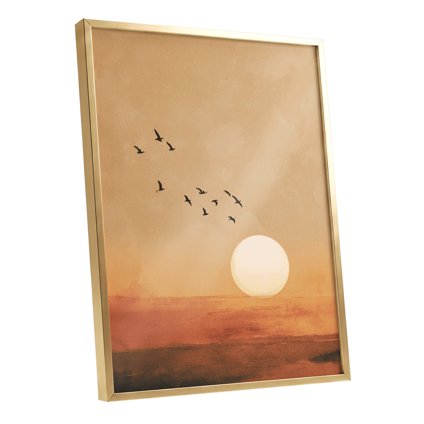 Flight at Amber Dusk, beige, orange, brown nature wall art shown as a gold framed poster wall art print