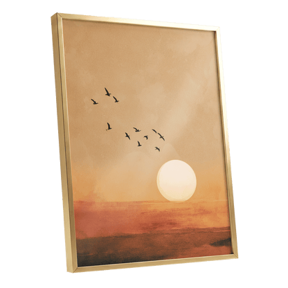 Flight at Amber Dusk, beige, orange, brown nature wall art shown as a gold framed poster wall art print
