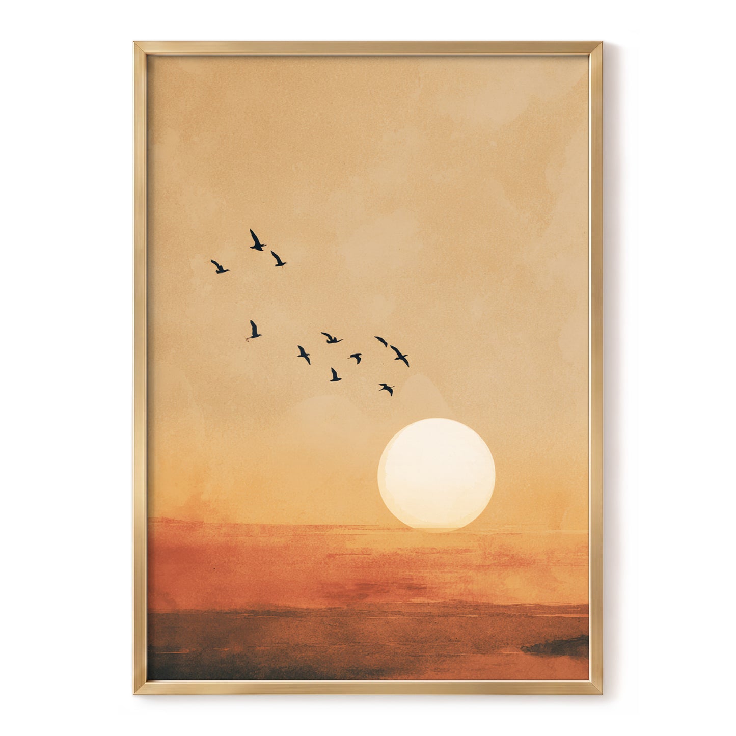 Flight at Amber Dusk, beige, orange, brown nature wall art, front artwork view