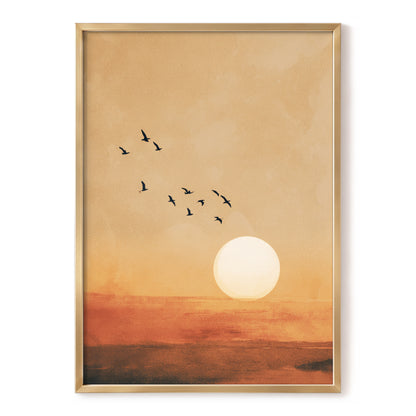 Flight at Amber Dusk, beige, orange, brown nature wall art, front artwork view