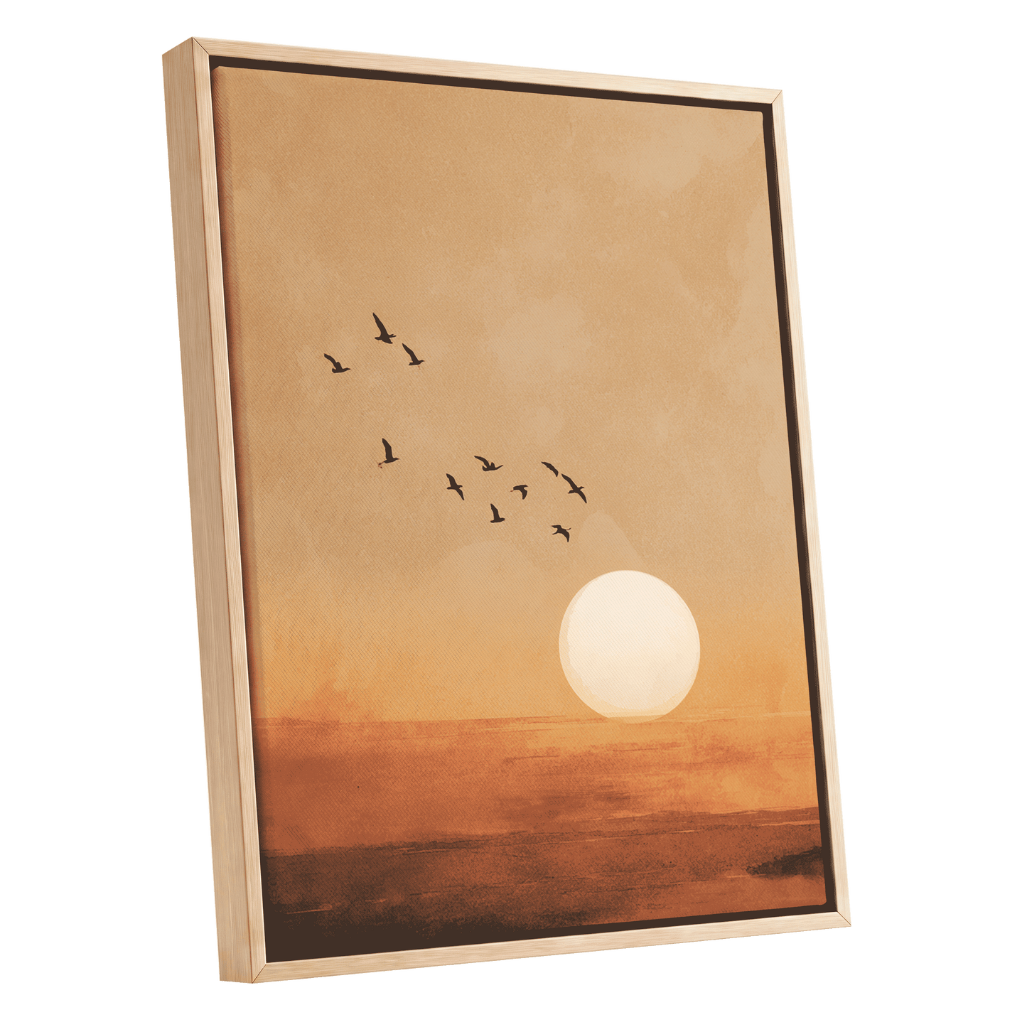 Flight at Amber Dusk, beige, orange, brown nature wall art shown as a oak framed canvas wall art