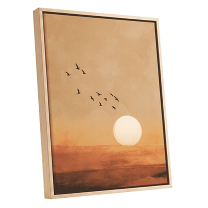 Flight at Amber Dusk, beige, orange, brown nature wall art shown as a oak framed canvas wall art