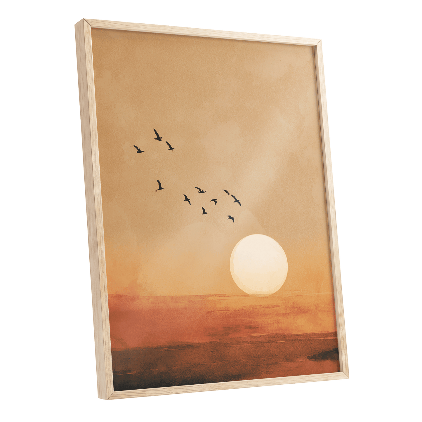 Flight at Amber Dusk, beige, orange, brown nature wall art shown as a oak framed poster wall art print