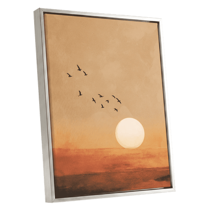 Flight at Amber Dusk, beige, orange, brown nature wall art shown as a silver framed canvas wall art
