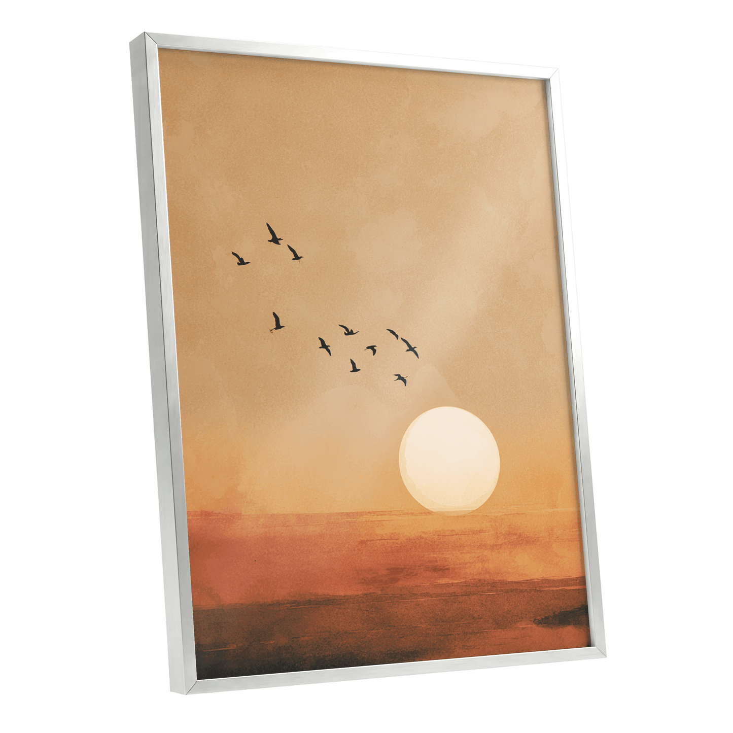 Flight at Amber Dusk, beige, orange, brown nature wall art shown as a silver framed poster wall art print
