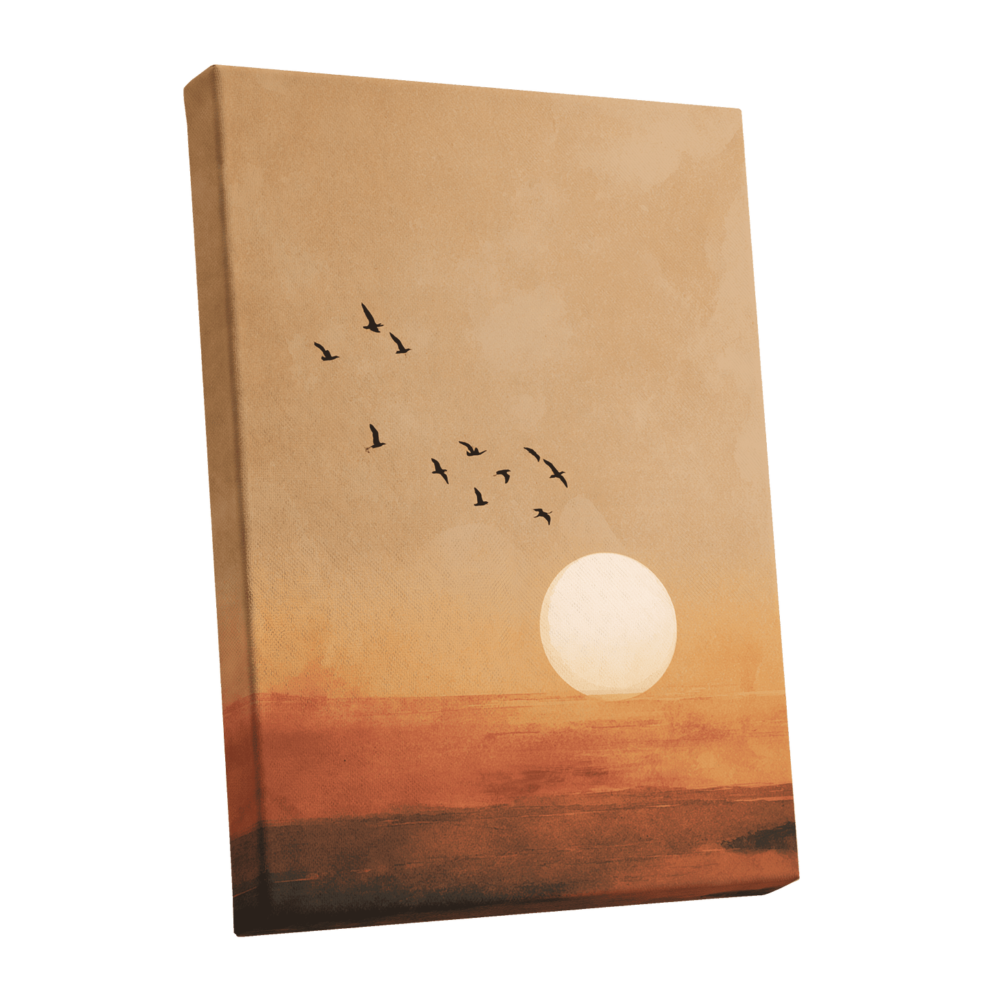 Flight at Amber Dusk, beige, orange, brown nature wall art shown as a stretched canvas wall art