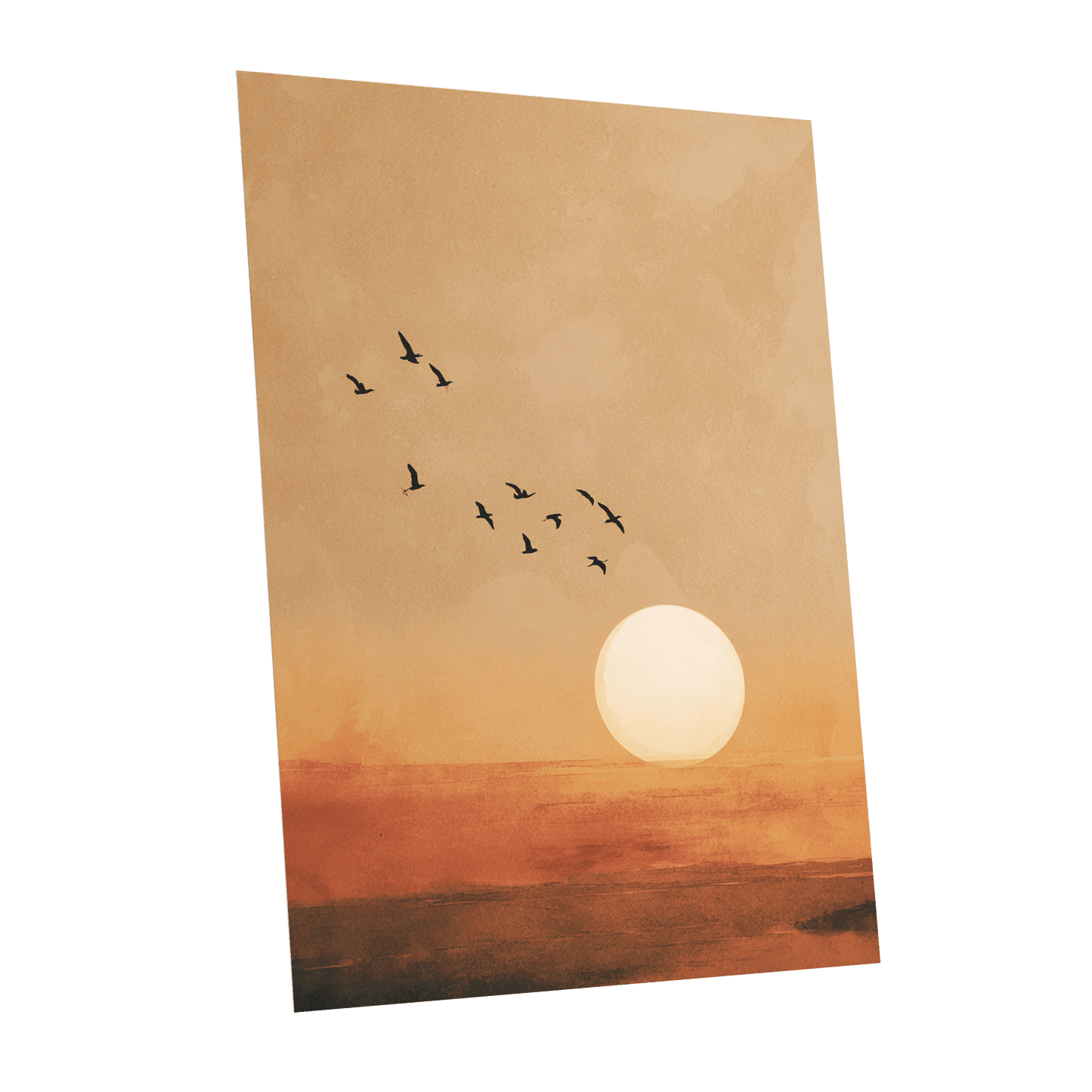 Flight at Amber Dusk, beige, orange, brown nature wall art shown as a unframed poster wall art print