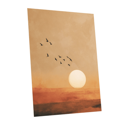 Flight at Amber Dusk, beige, orange, brown nature wall art shown as a unframed poster wall art print