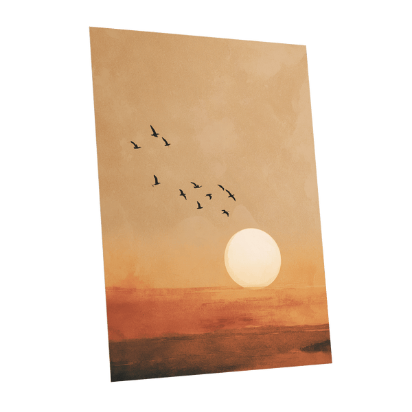 Flight at Amber Dusk, beige, orange, brown nature wall art shown as a unframed poster wall art print