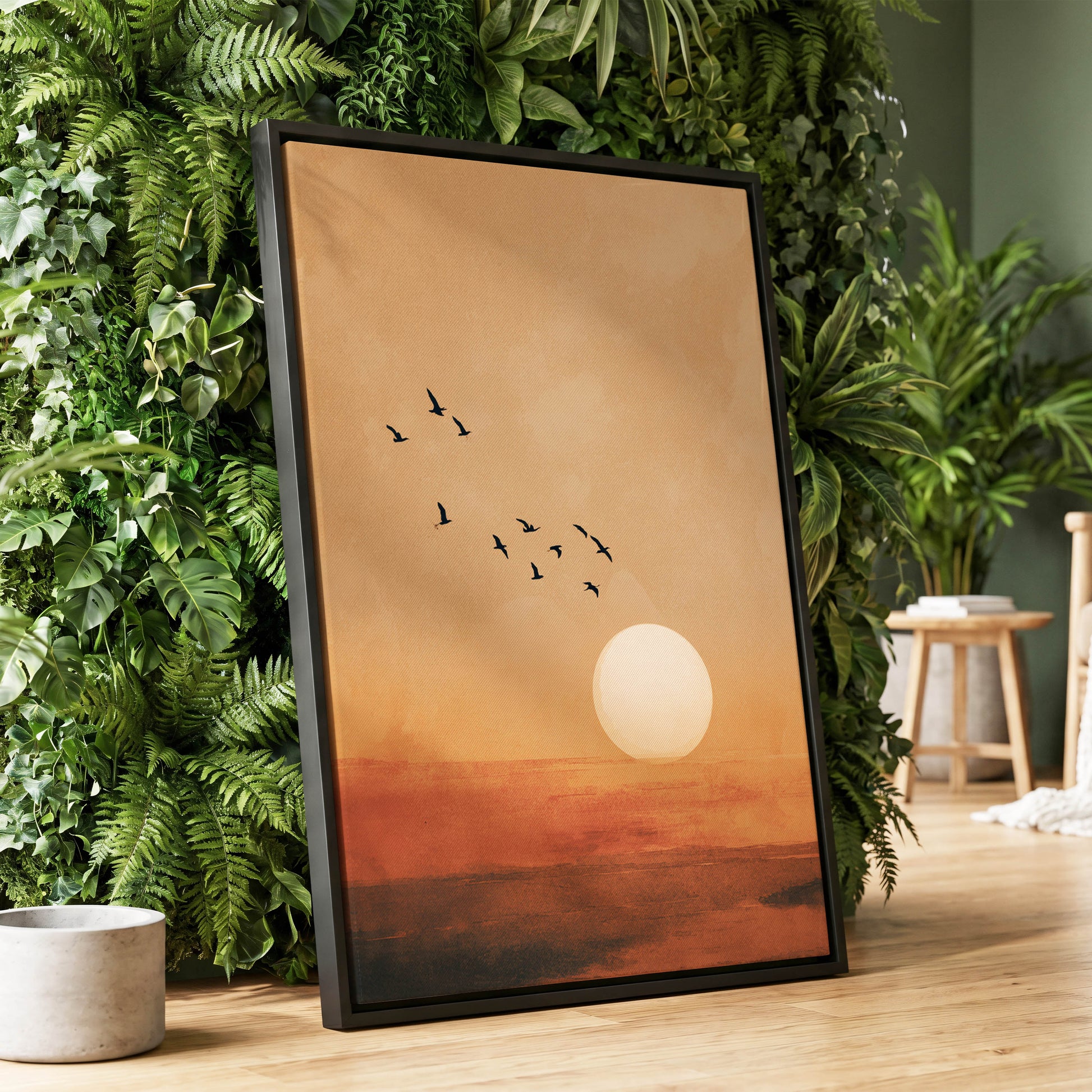 Flight at Amber Dusk, beige, orange, brown nature wall art displayed in a styled interior, gallery view 1
