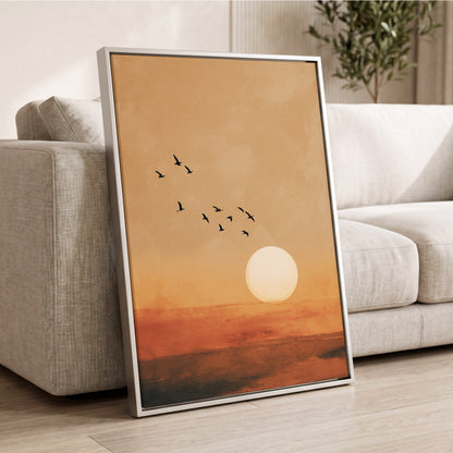 Flight at Amber Dusk, beige, orange, brown nature wall art displayed in a styled interior, gallery view 2