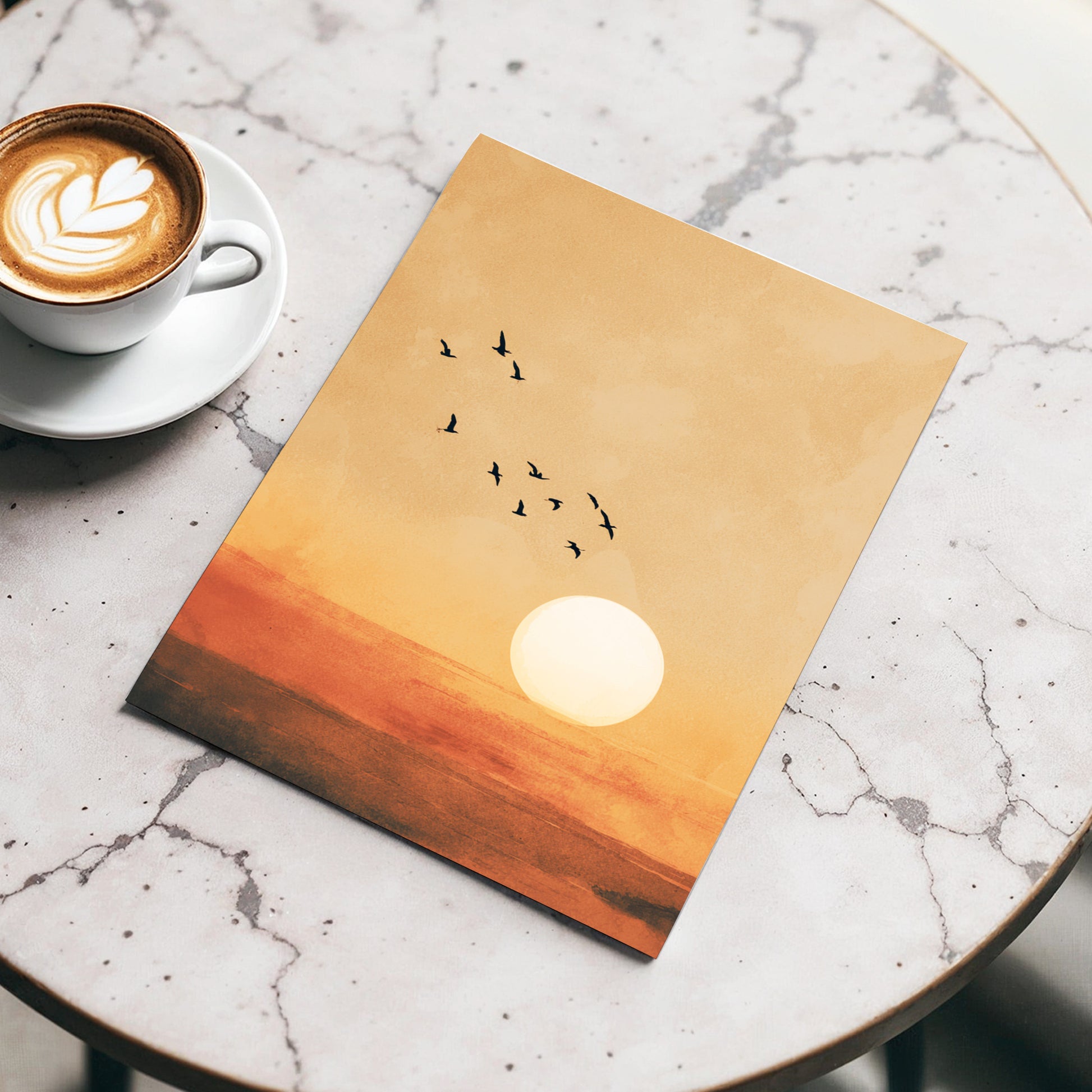 Flight at Amber Dusk, beige, orange, brown nature wall art displayed in a styled interior, gallery view 3