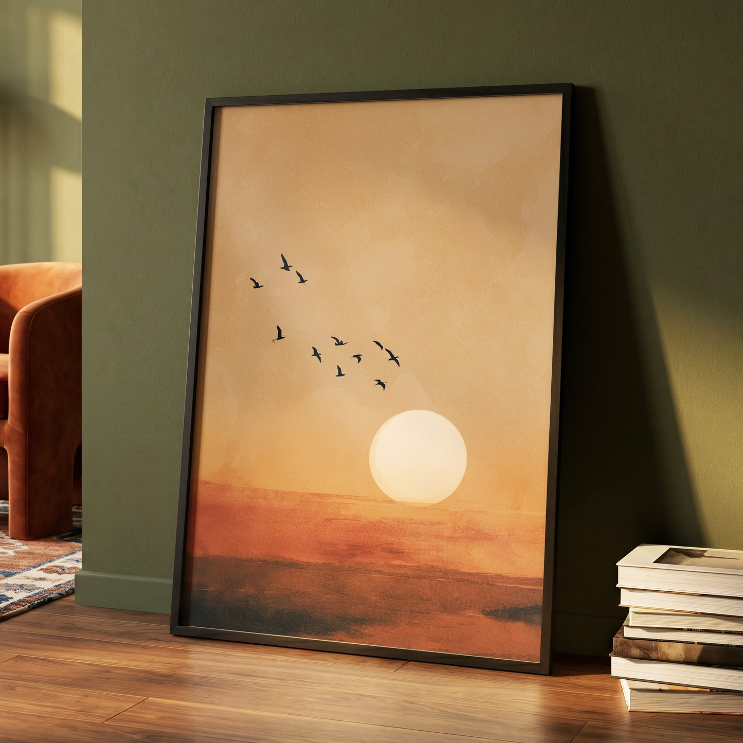 Flight at Amber Dusk, beige, orange, brown nature wall art displayed in a styled interior, gallery view 4