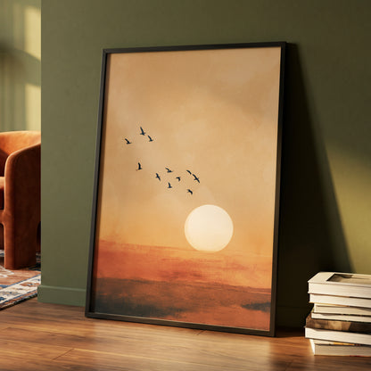 Flight at Amber Dusk, beige, orange, brown nature wall art displayed in a styled interior, gallery view 4