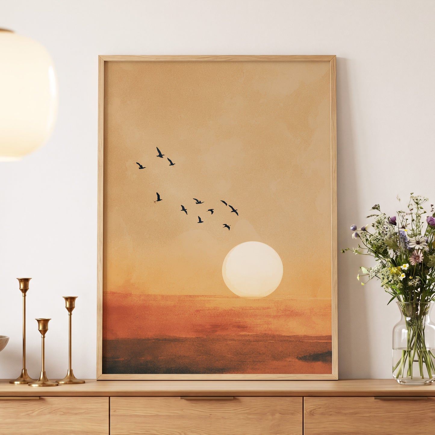 Flight at Amber Dusk, beige, orange, brown nature wall art displayed in a styled interior, gallery view 5