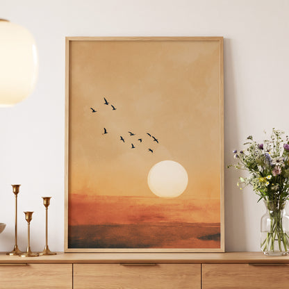 Flight at Amber Dusk, beige, orange, brown nature wall art displayed in a styled interior, gallery view 5