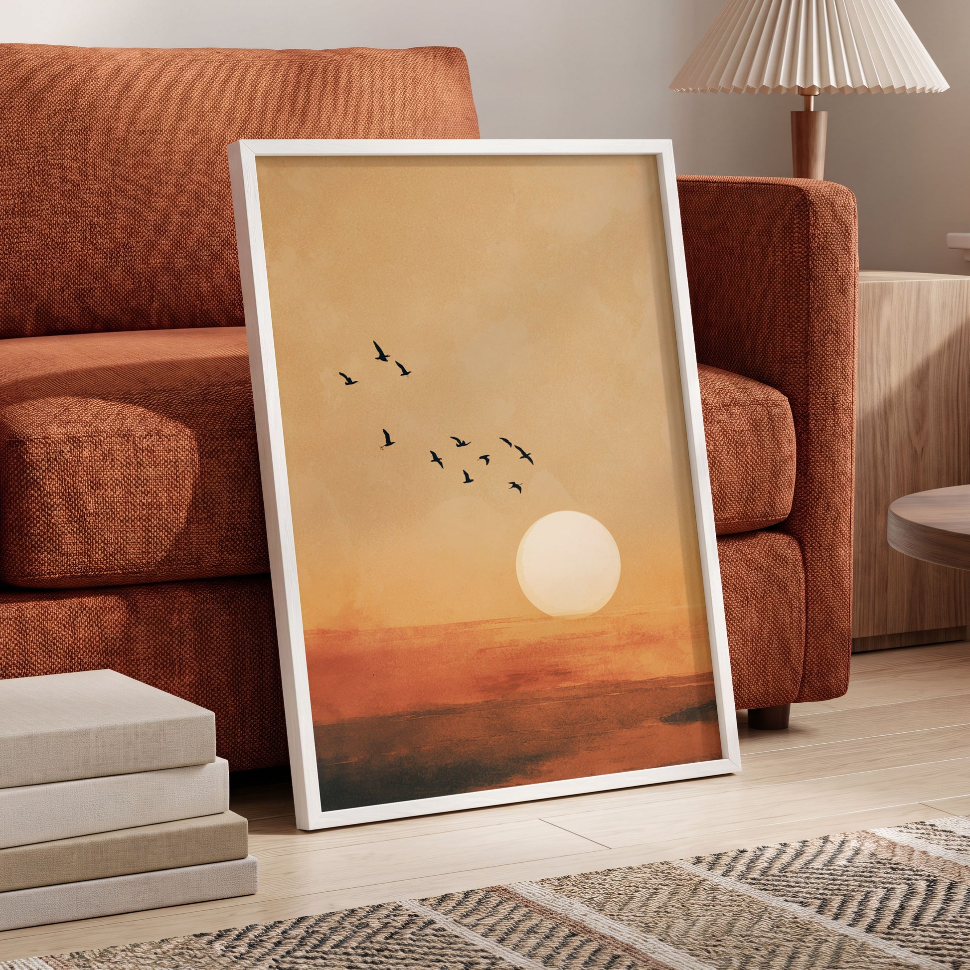 Flight at Amber Dusk, beige, orange, brown nature wall art displayed in a styled interior, gallery view 6
