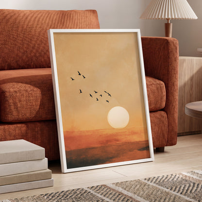 Flight at Amber Dusk, beige, orange, brown nature wall art displayed in a styled interior, gallery view 6