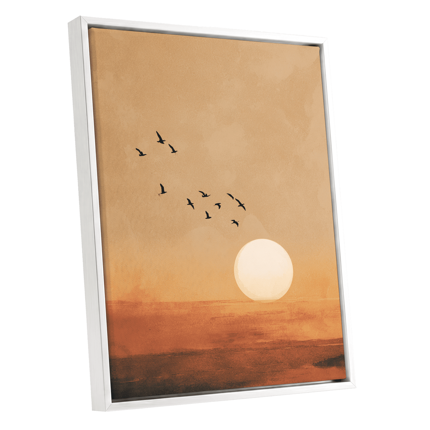 Flight at Amber Dusk, beige, orange, brown nature wall art shown as a white framed canvas wall art