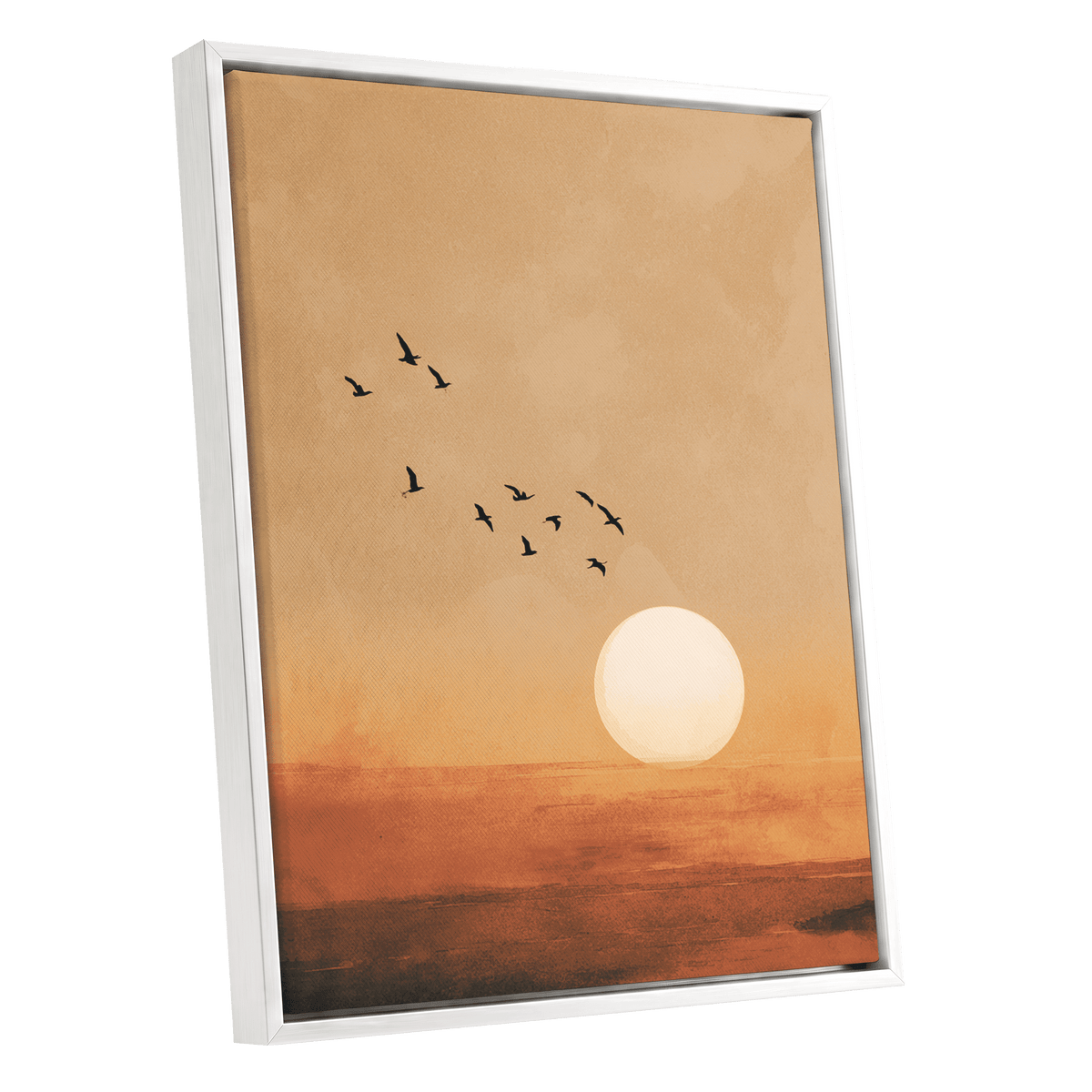 Flight at Amber Dusk, beige, orange, brown nature wall art shown as a white framed canvas wall art