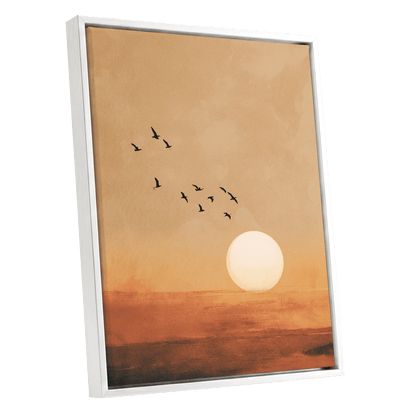 Flight at Amber Dusk, beige, orange, brown nature wall art shown as a white framed canvas wall art
