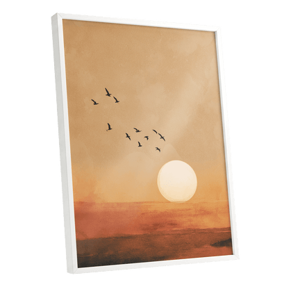 Flight at Amber Dusk, beige, orange, brown nature wall art shown as a white framed poster wall art print