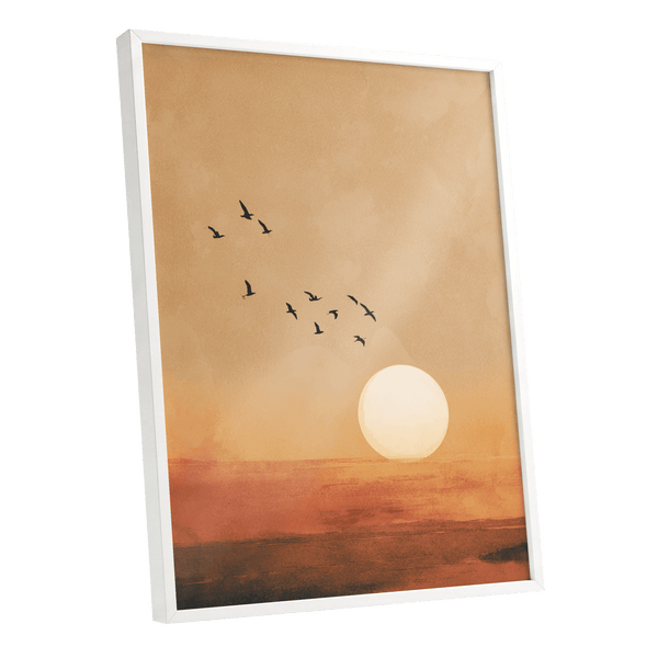 Flight at Amber Dusk, beige, orange, brown nature wall art shown as a white framed poster wall art print