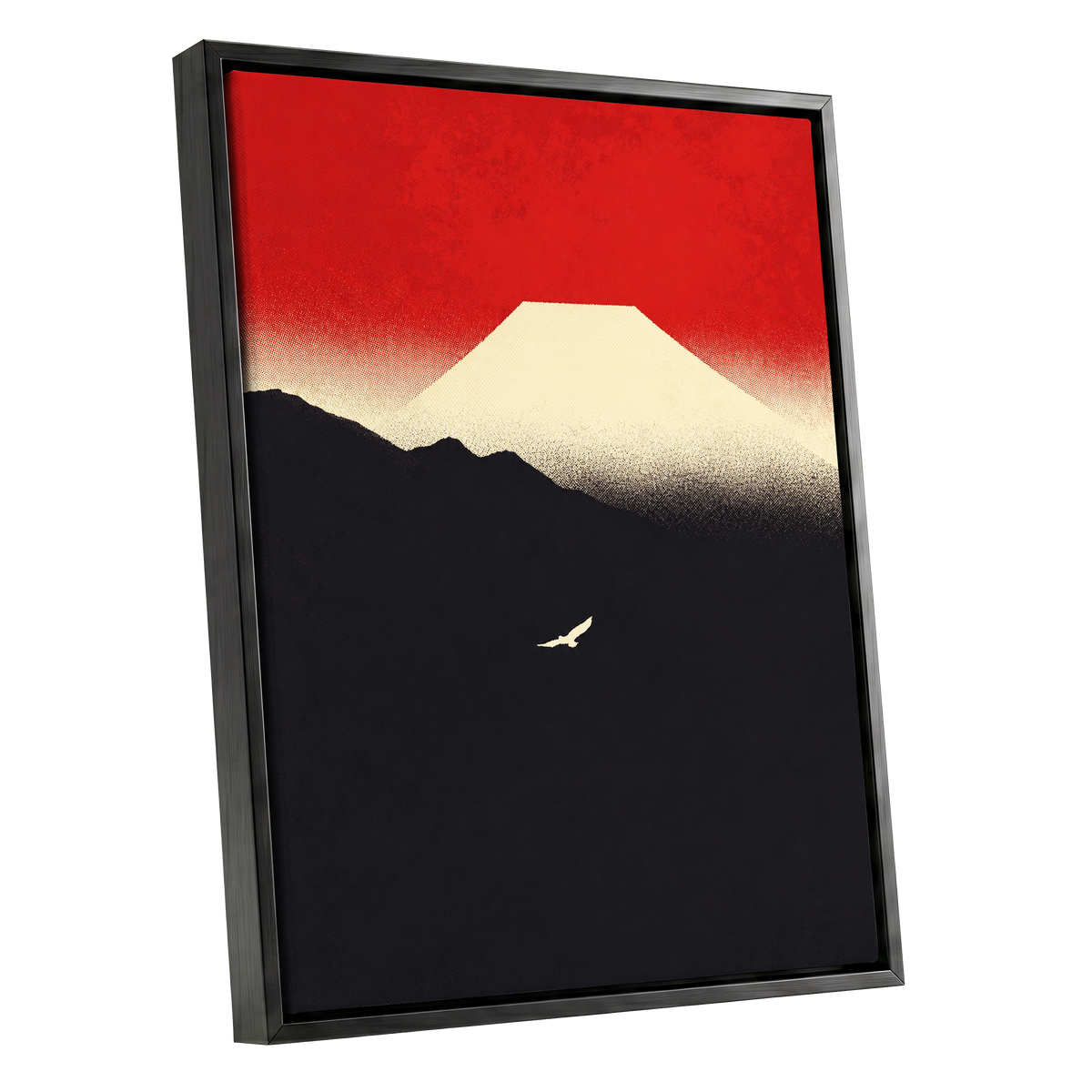 Flight Beneath a Pale Peak, red, black, beige nature wall art shown as a black framed canvas wall art