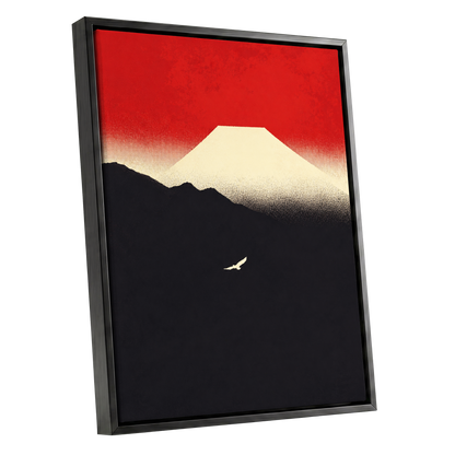 Flight Beneath a Pale Peak, red, black, beige nature wall art shown as a black framed canvas wall art