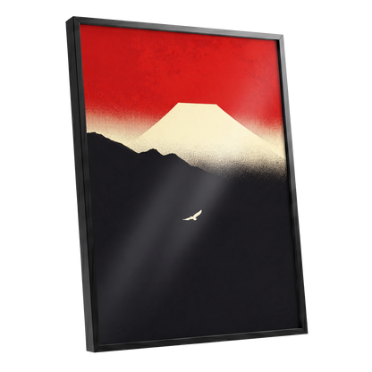 Flight Beneath a Pale Peak, red, black, beige nature wall art shown as a black framed poster wall art print